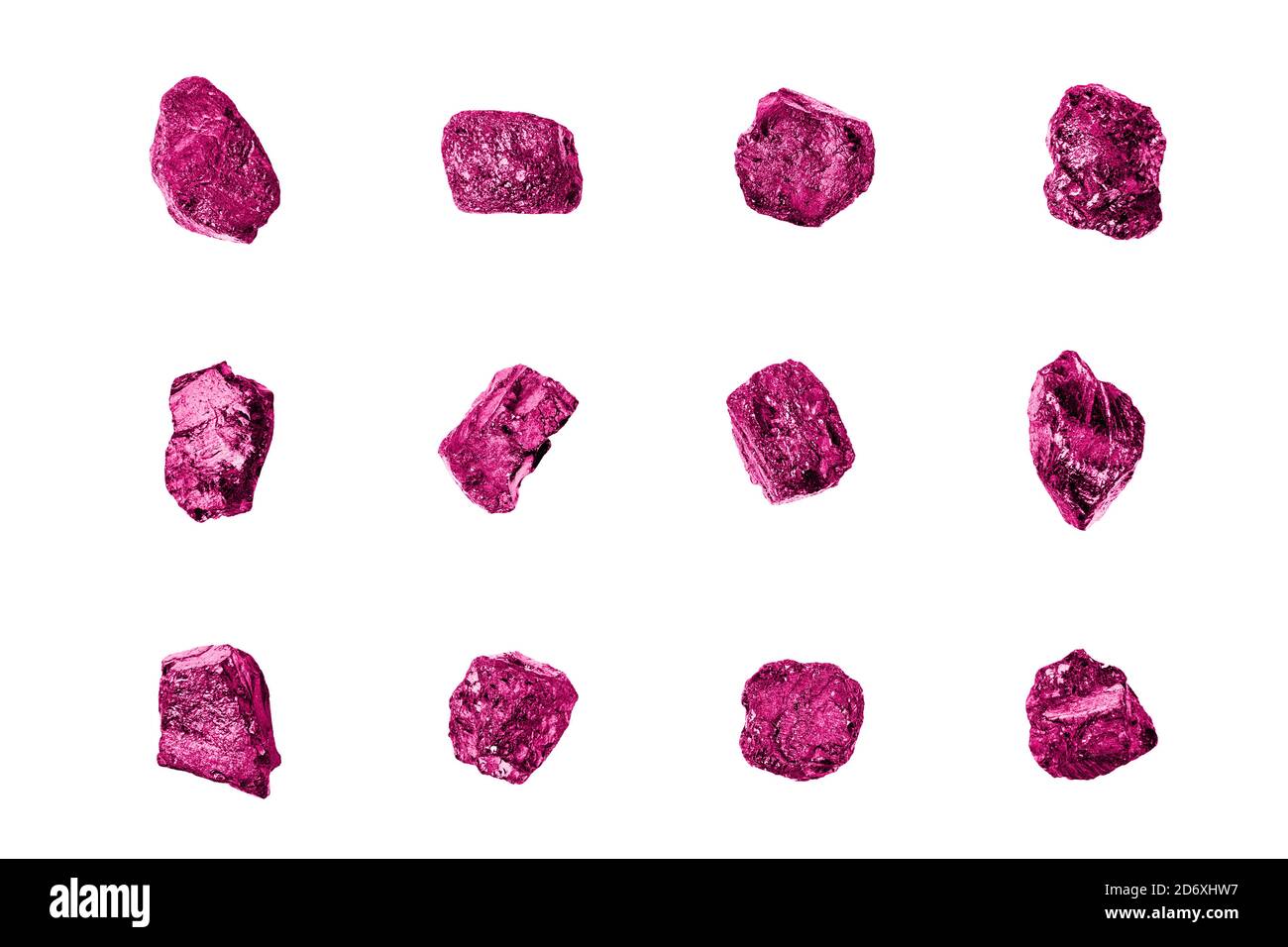 Pink gem stones white background isolated close up, raw gemstones, rocks, nuggets, mineral samples, amethyst, sapphire, topaz, spinel, tourmaline Stock Photo