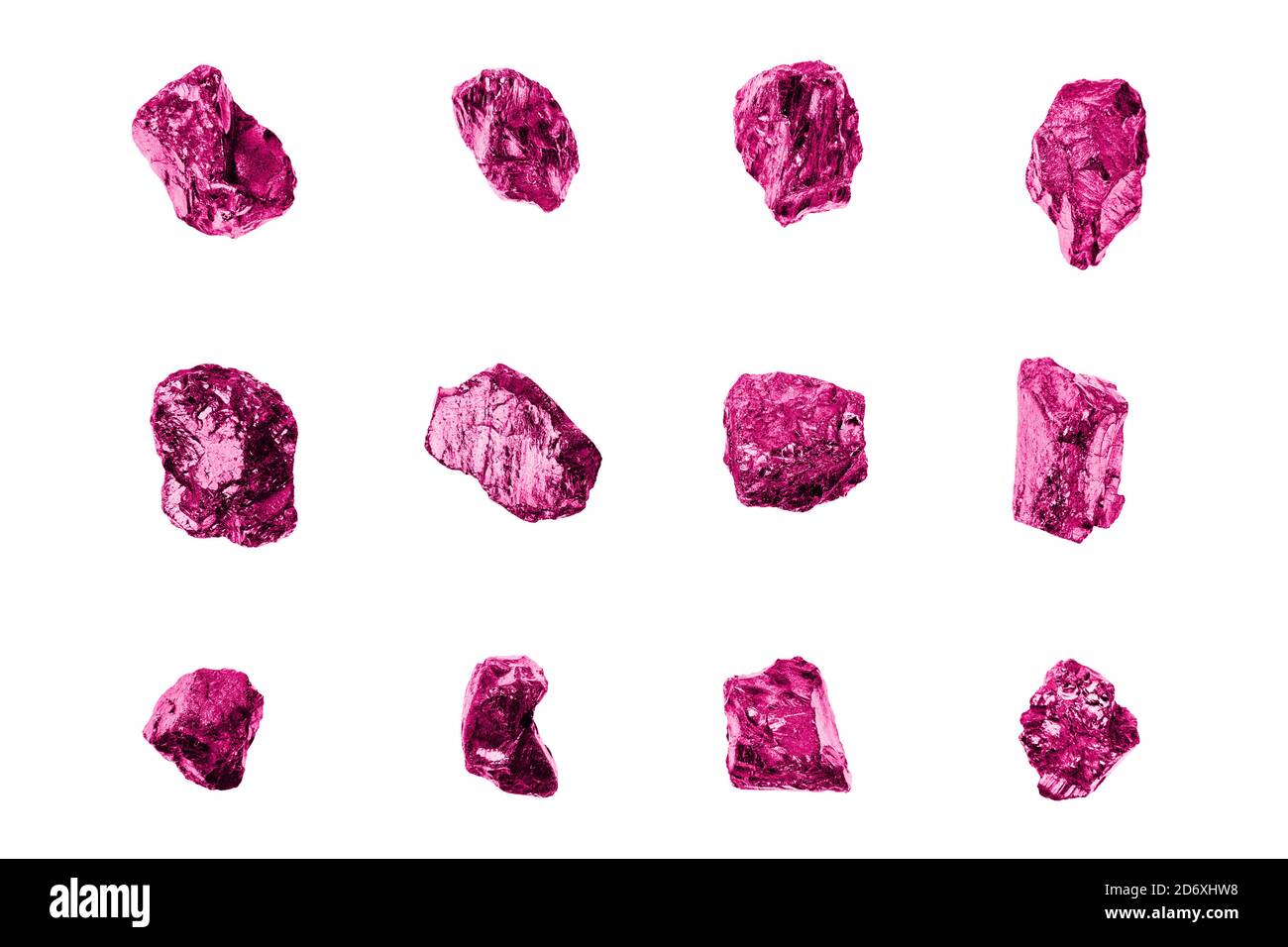 Pink gem stones white background isolated close up, raw gemstones, rocks, nuggets, mineral samples, amethyst, sapphire, topaz, spinel, tourmaline Stock Photo