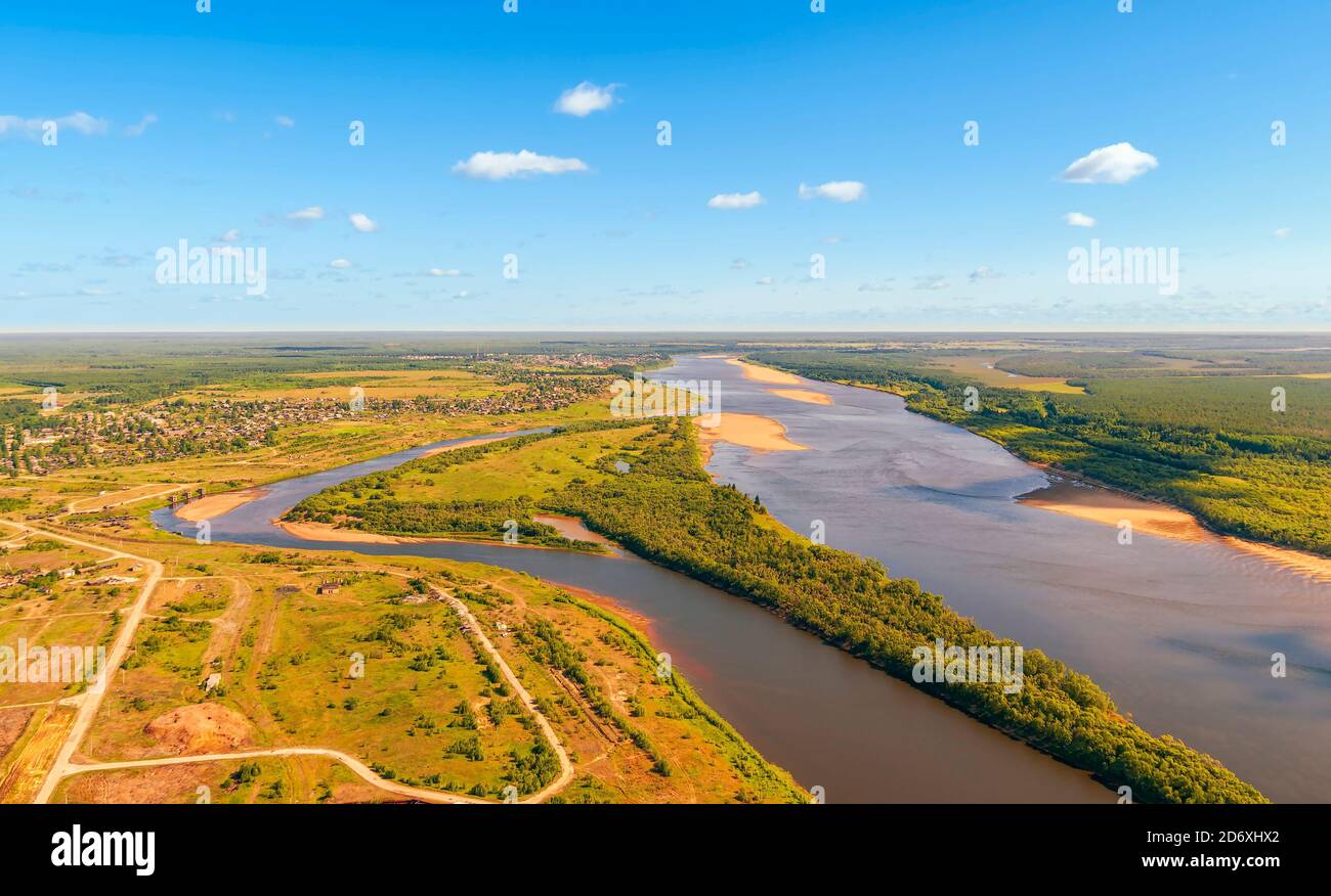 Aerial view of Vychegda river. Arkhangelsk Oblast. Russia Stock Photo