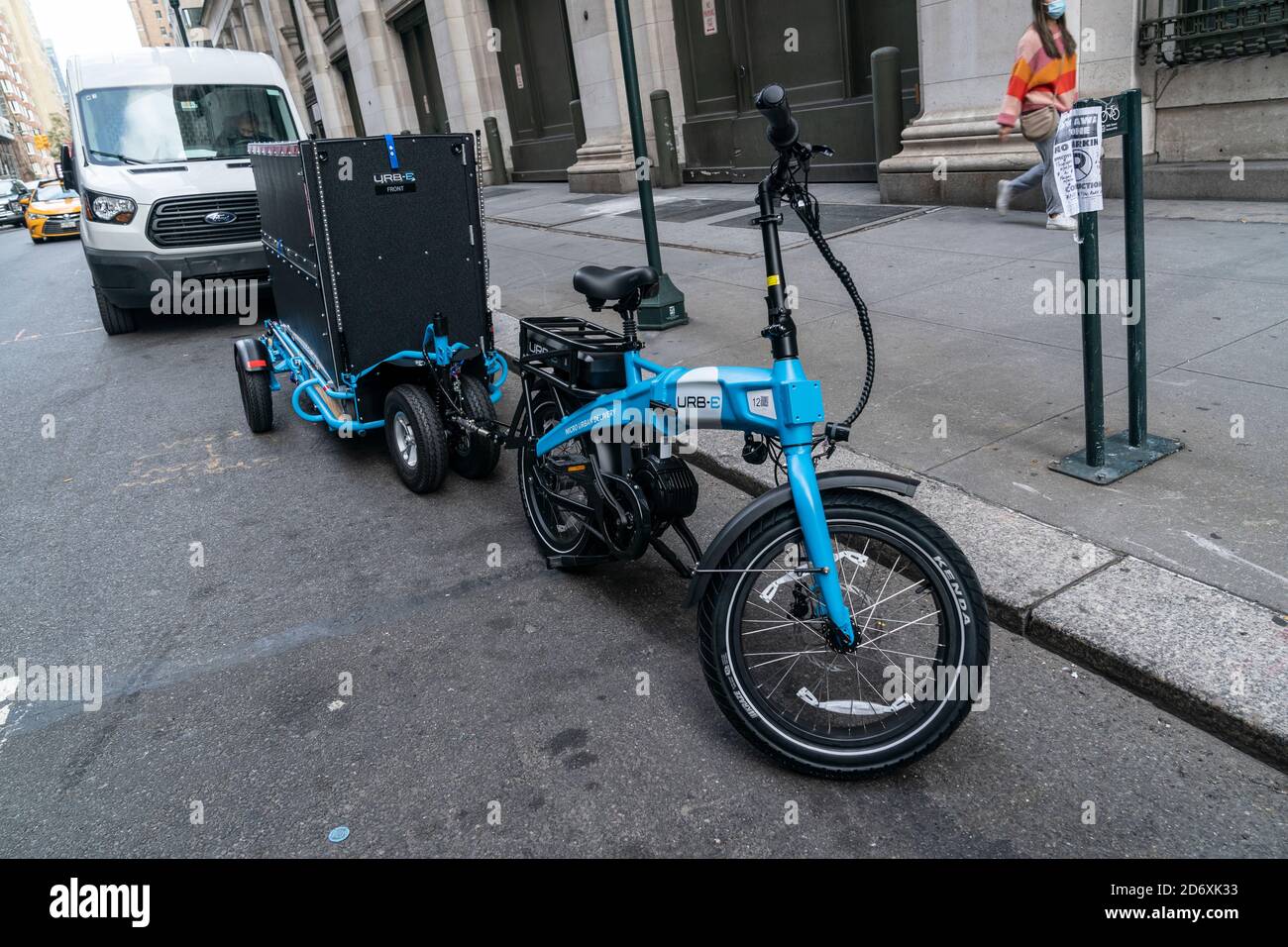 View of Urb-E bike and trailer to be used by Amazon employees for delivery  in New York. In order to make delivery more efficient and reduce greenhouse  gas emissions by cars Amazon will start delivery in New York using Urb-E  bikes and trailers starting ...