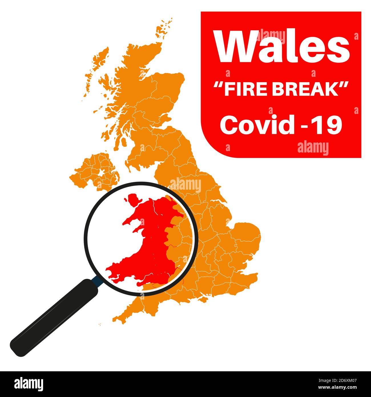 Wales Covid-19 Fire Break with map and magnifying glass Stock Vector