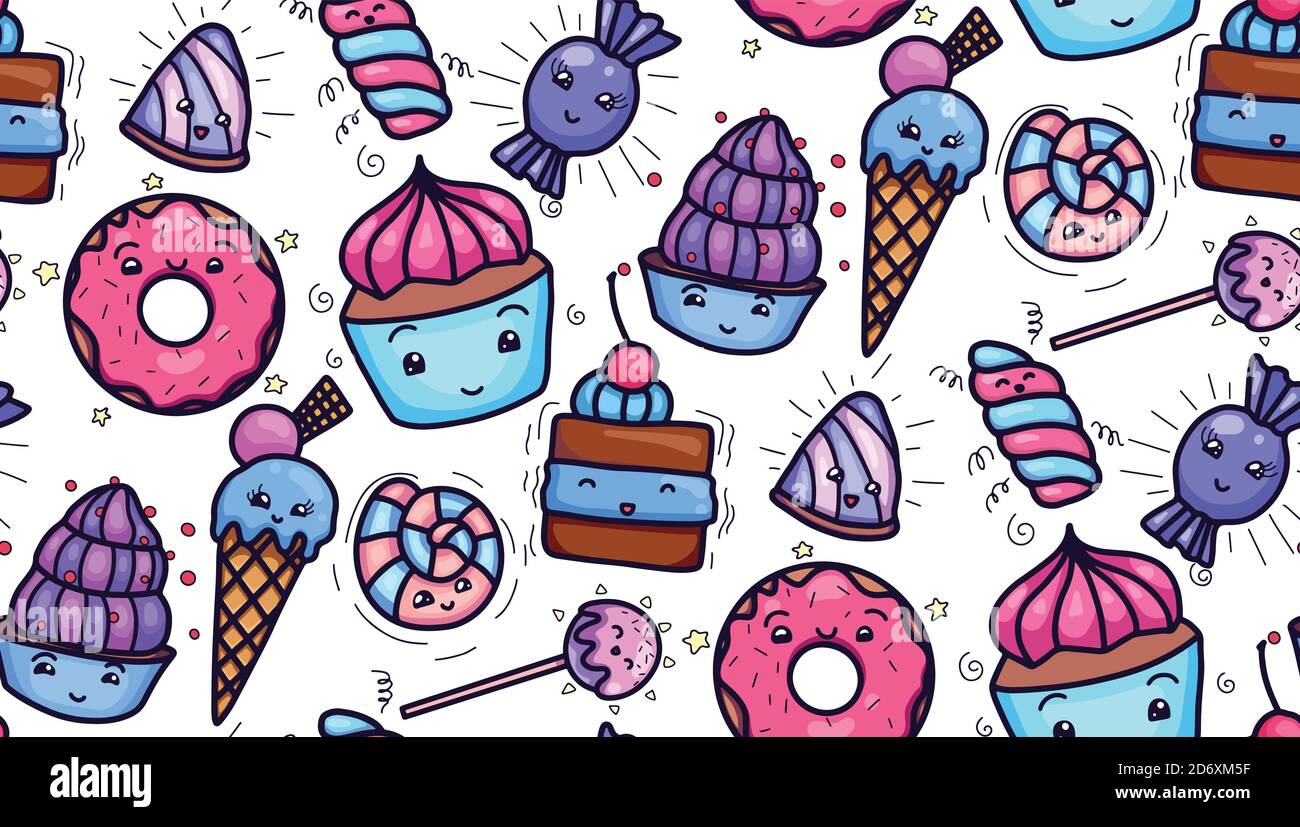 Seamless texture with cute, kawai sweets and confection on white background. Vector pattern for textiles, fabrics, wrapping paper, cards and for your Stock Vector