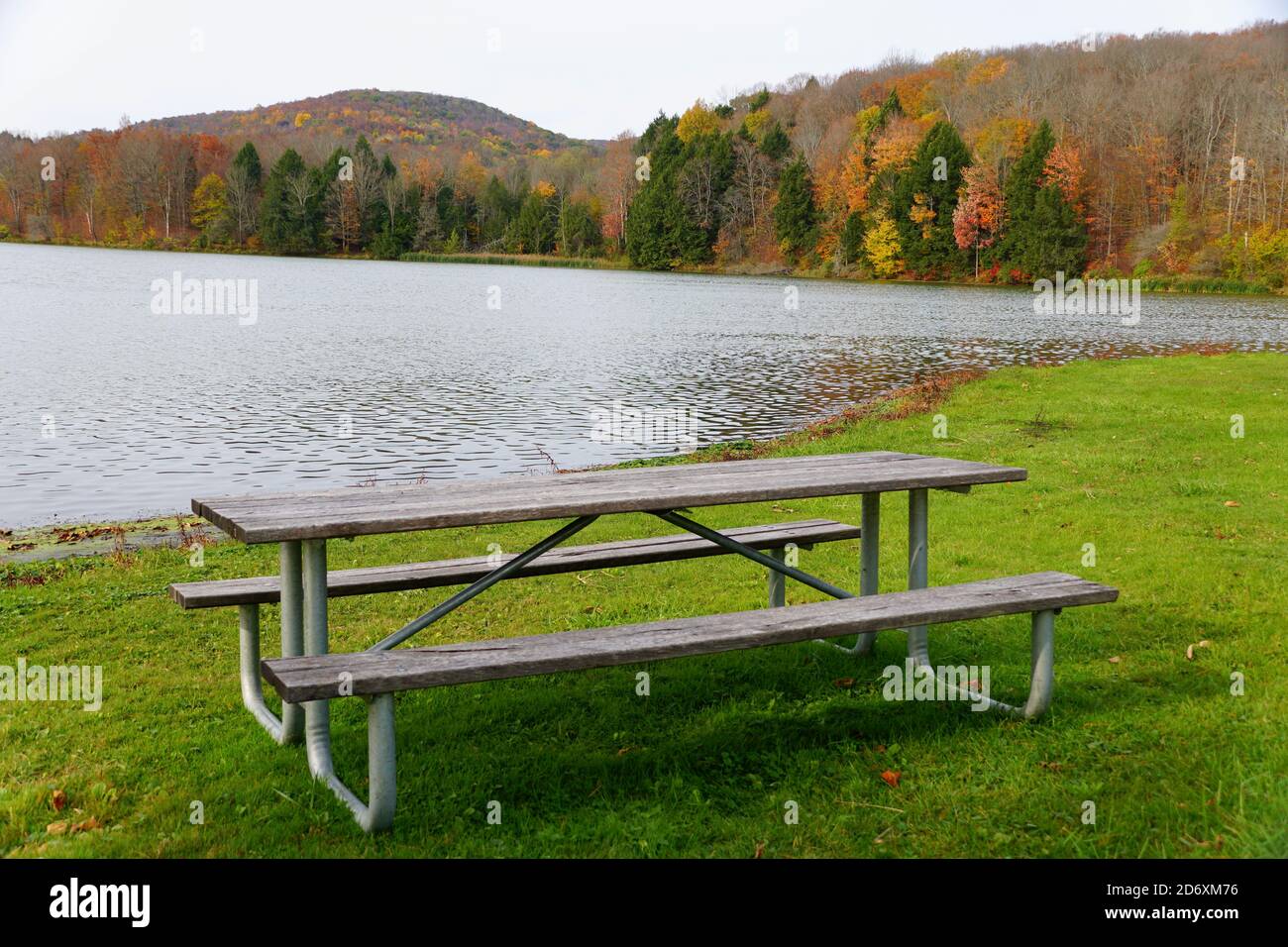 A picnic table overlooking the fall foliage near Mount Pisgah State