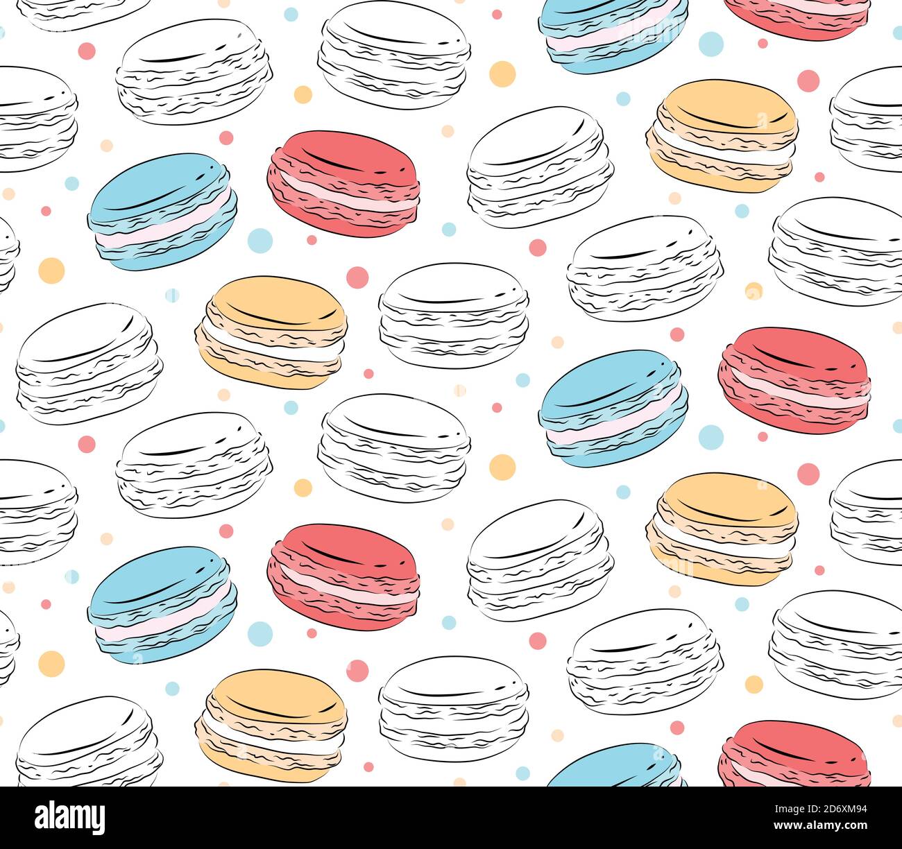 Seamless pattern of contour macaroons with color spots on a white ...