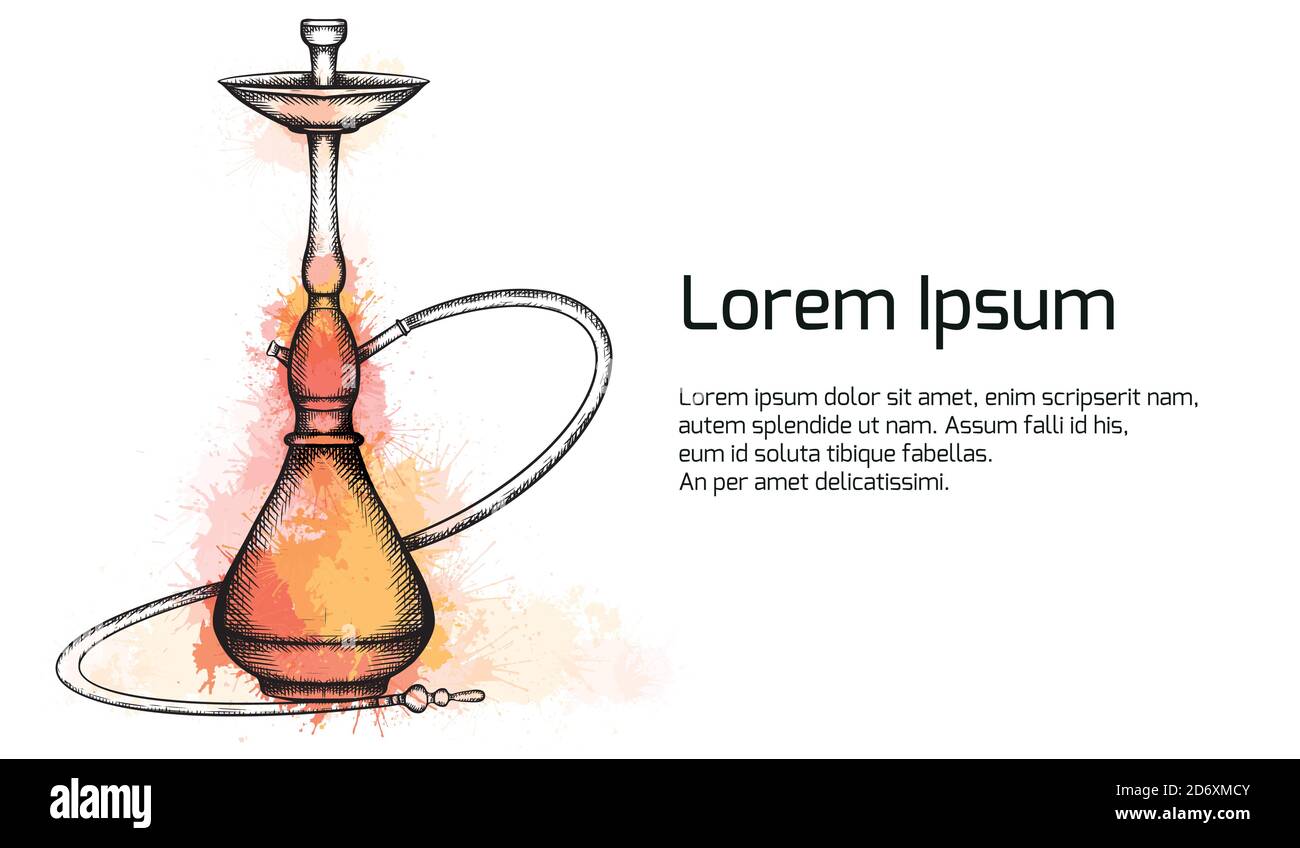 Horizontal banner with hookah with hatching and warm orange and yellow watercolor splashes.  Place for text. Vector template for invitation, greeting Stock Vector