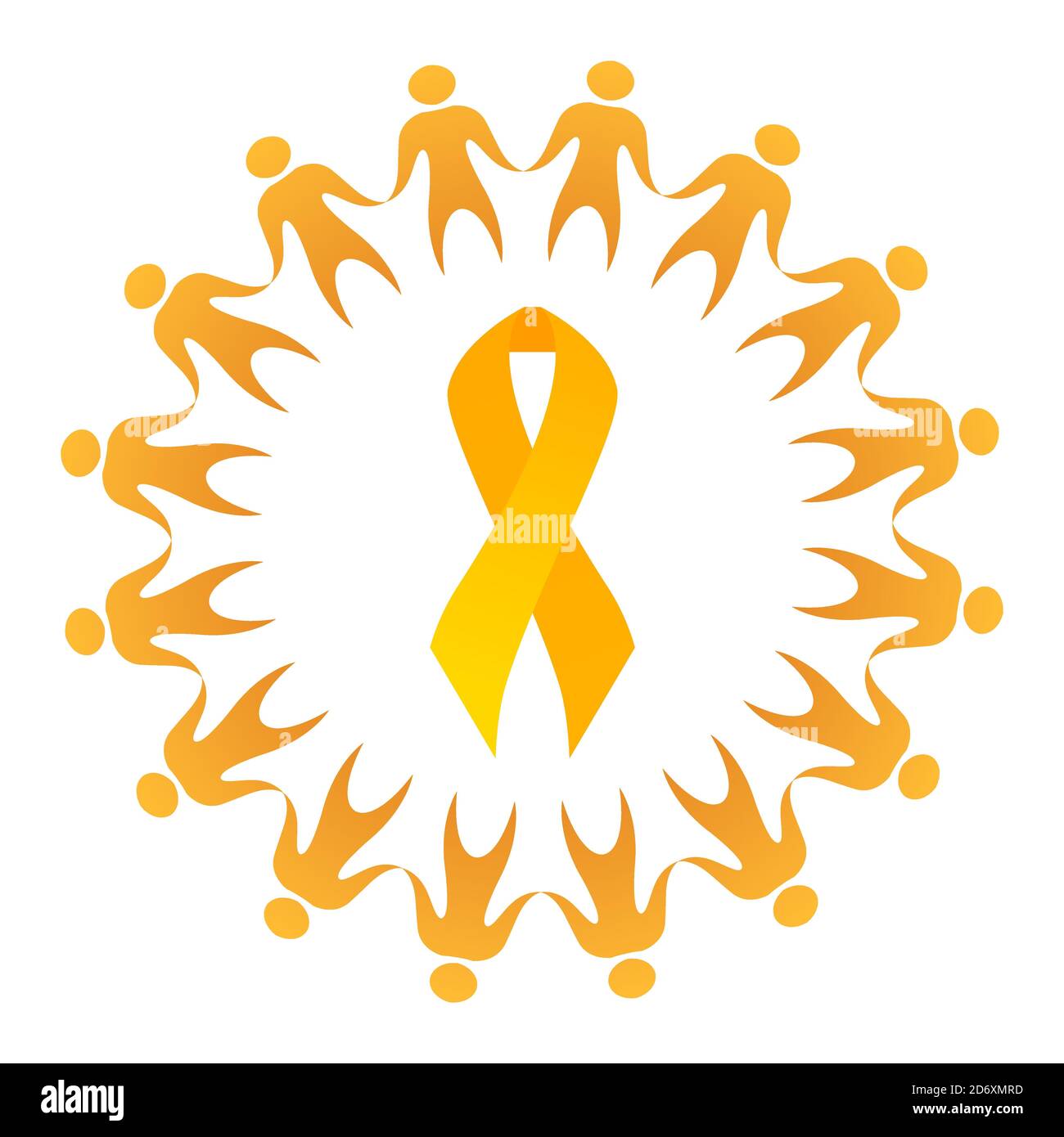 Childhood cancer. Yellow happy dance people in circle and gold ribbon. Children cancer awareness. Symbol of hope and unity. Vector element for card, b Stock Vector