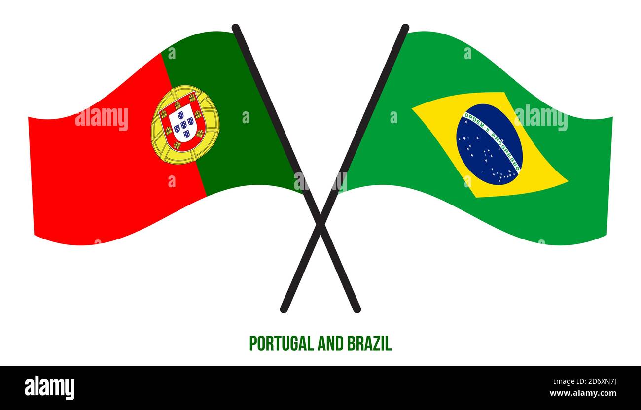 Portugal and Brazil Flags Crossed And Waving Flat Style. Official Proportion. Correct Colors