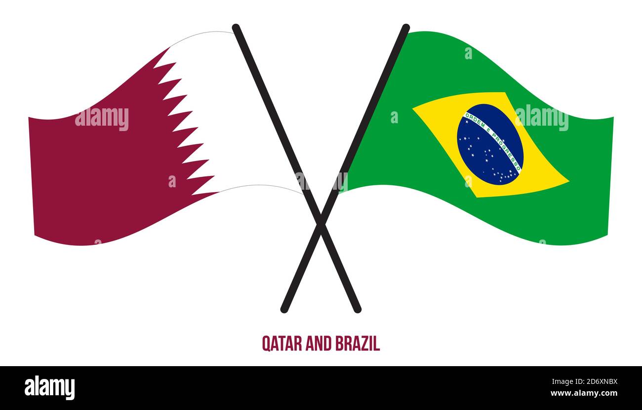 Qatar and Brazil Flags Crossed And Waving Flat Style. Official