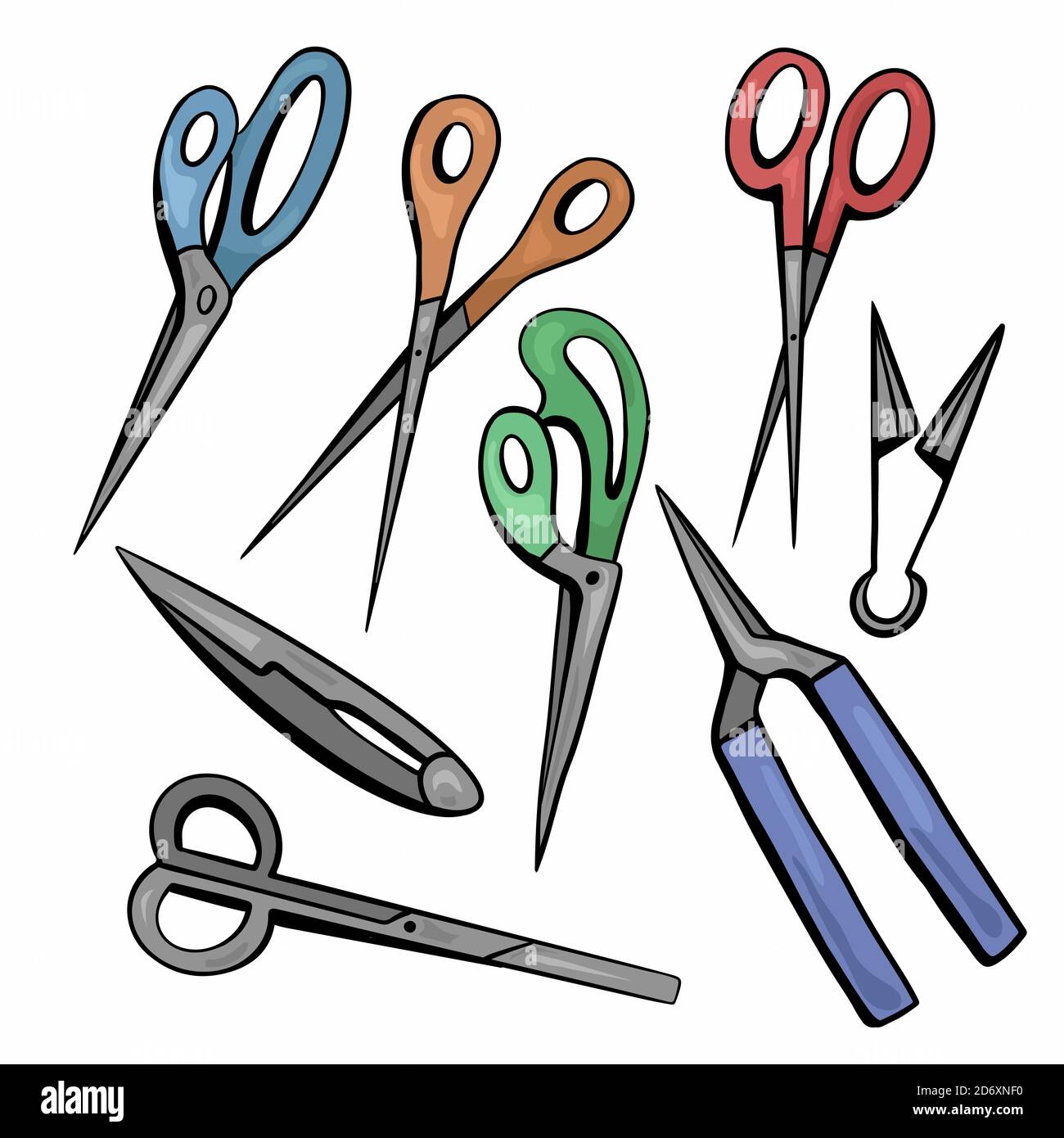 Set of sketches of various types of color scissors. Secateurs and ...