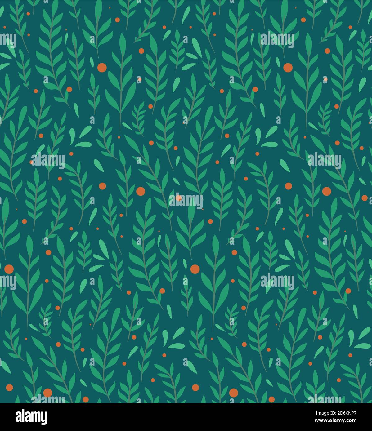 Seamless flat pattern with branches, leaves and berries on a dark green ...