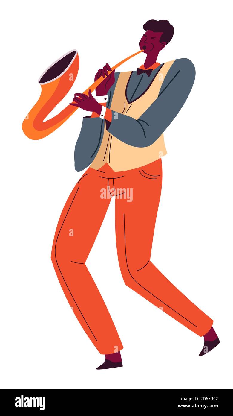 Saxophone player, jazz or blues music performance vector Stock Vector