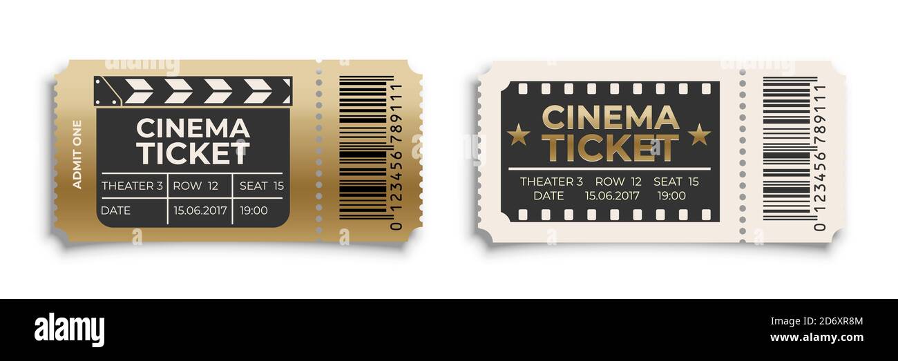 Cinema ticket to movie set. Old retro vintage entry coupons. Film theater industry concept vector illustration. Entertainment and modern performance Stock Vector