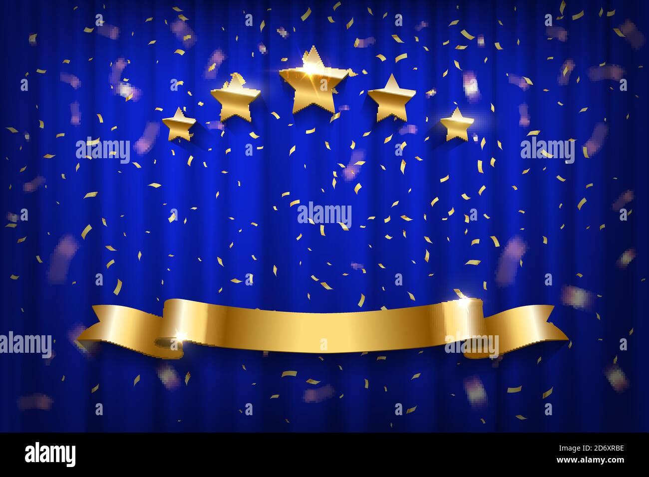 Blue curtain with golden confetti, stars and ribbon. Show opening, celebration event, announcement, festive performance vector illustration. Shining Stock Vector