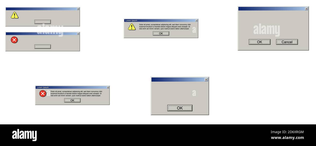 Old computer window with blank error message set. Retro pc interface with problem or glitch, vintage web browser alert, software system bug. 90s Stock Vector
