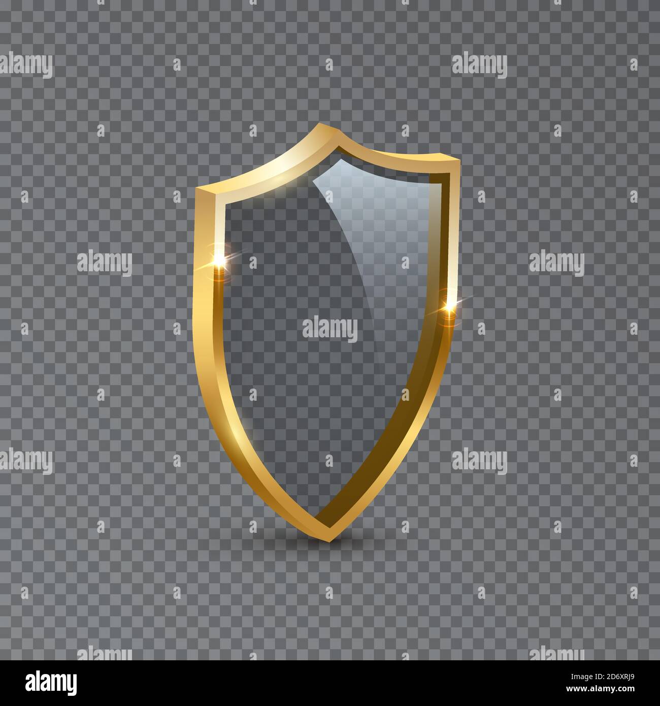 Golden shield frame design. Gold heraldic glass emblem vector