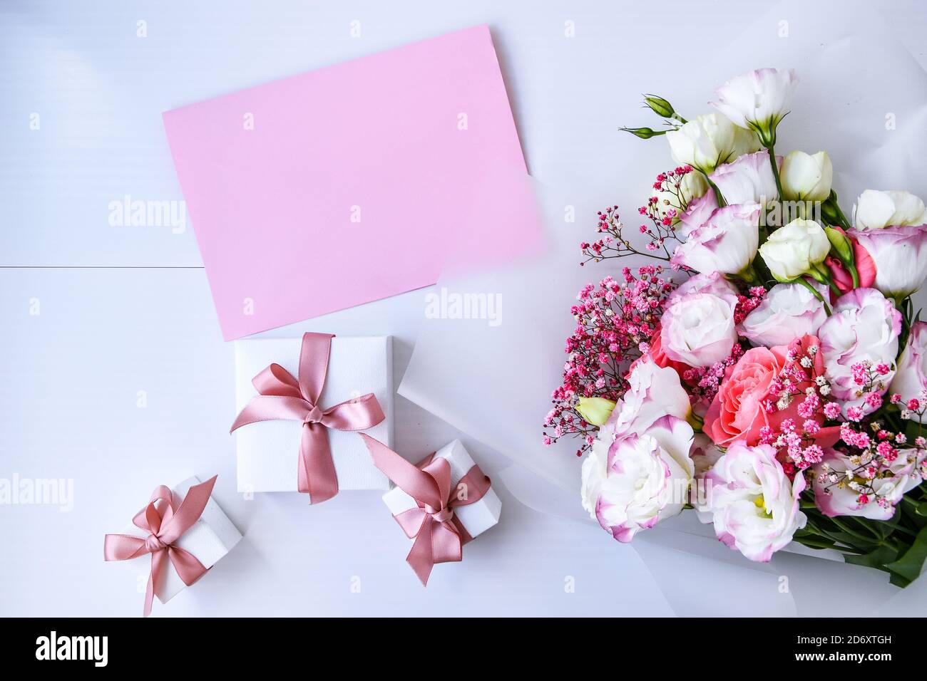 Download Card Mockup With Delicate Bouquet And Gift Boxes Floral Background Top View Flat Lay Holiday Card 8 March Happy Valentine S Day Mother S Day Stock Photo Alamy