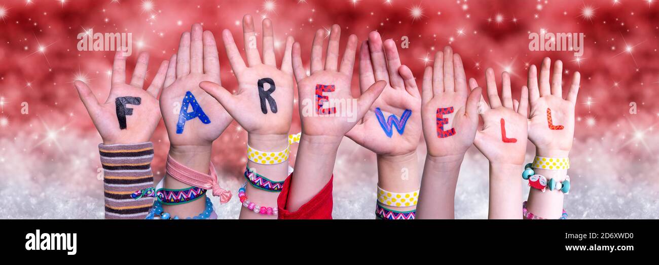 Children Hands Building Word Farewell, Red Christmas Background Stock Photo