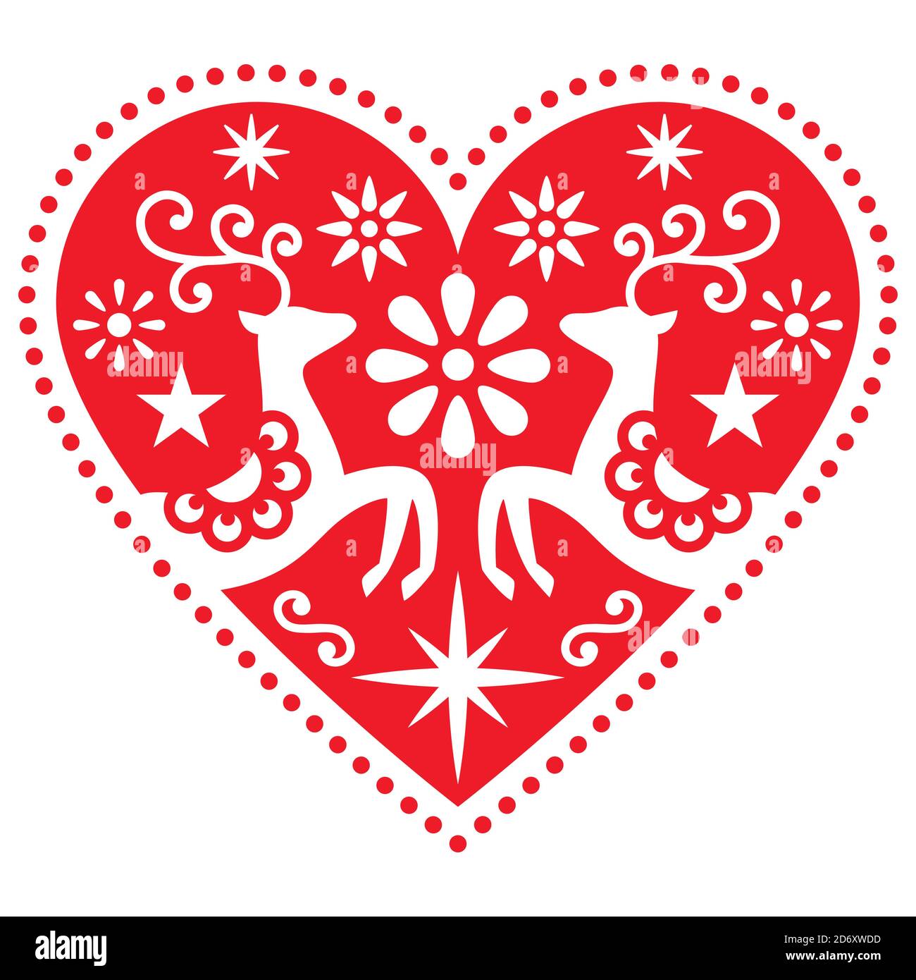 Christmas folk art heart with deer vector greeting card design, Scandinavian retro style merry pattern with flowers and stars Stock Vector