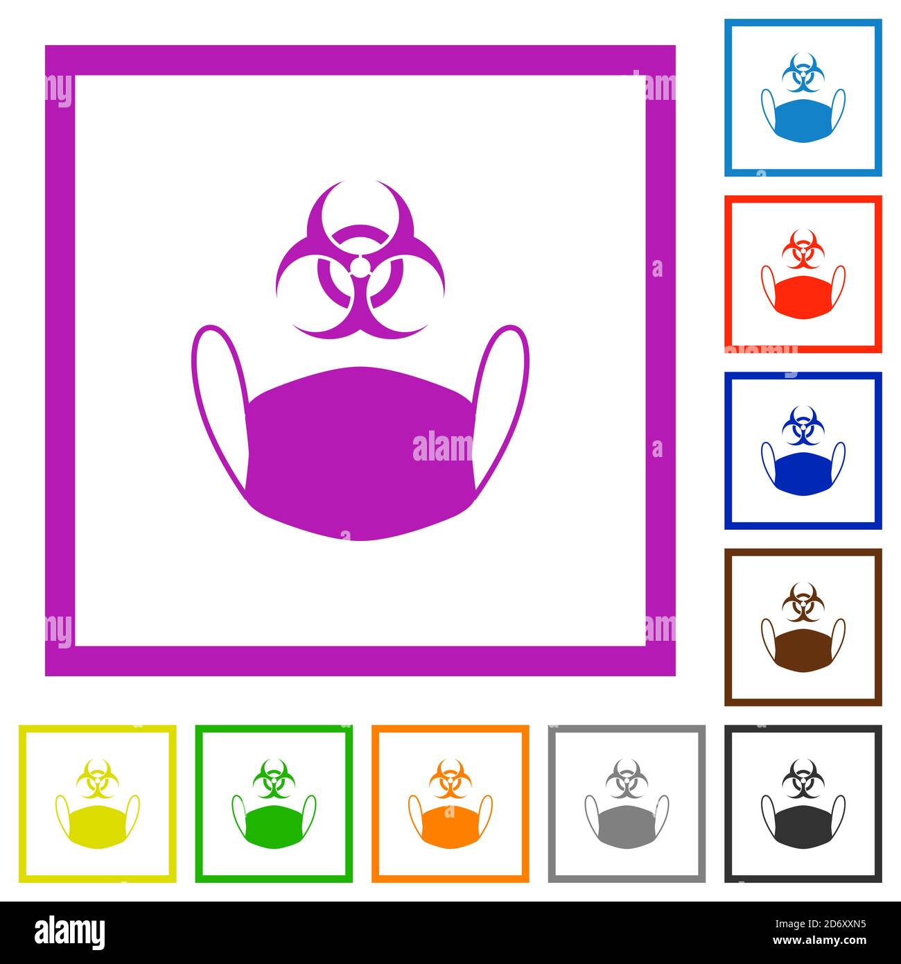 Face mask and biohazard symbol flat color icons in square frames on ...