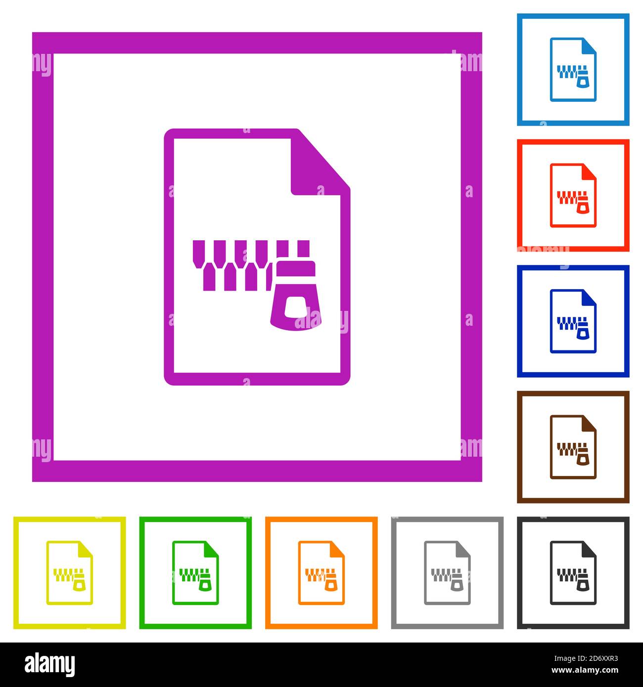 Zipped document flat color icons in square frames on white background ...