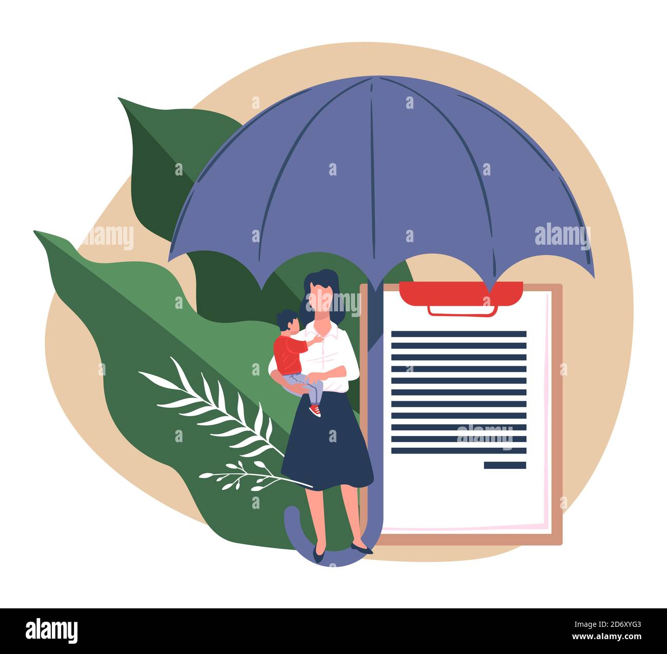 Family members life insurance, mom and son under umbrella Stock Vector