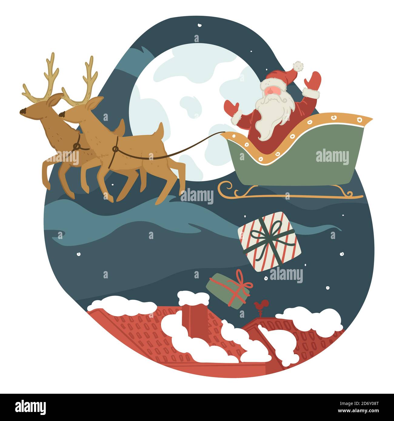 Santa Claus delivering presents for citizens, night cityscape Stock Vector