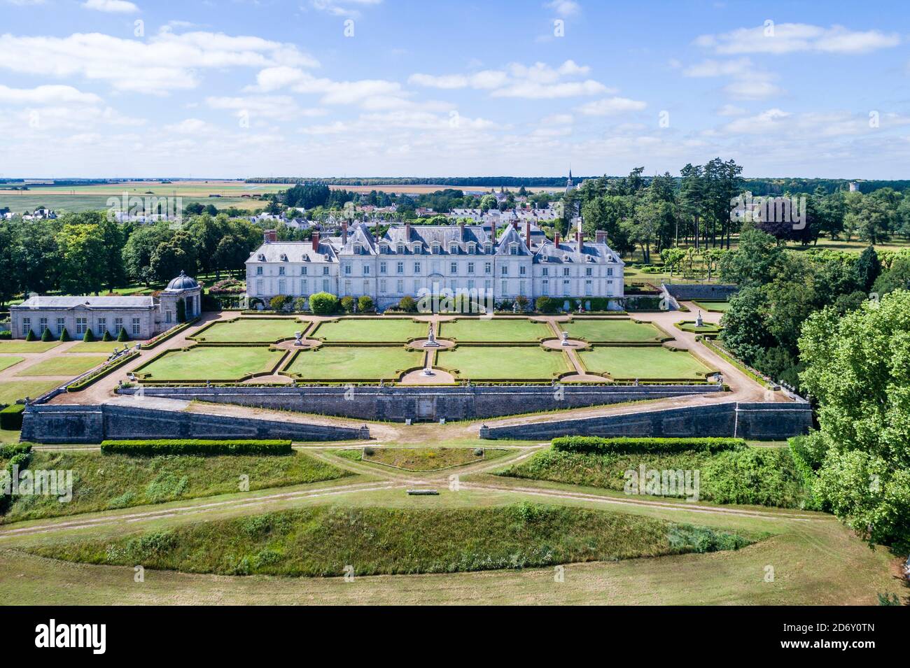 France, Loir et Cher, Loire Valley listed as World Heritage by UNESCO, Menars, Chateau de Menars along the Loire River (aerial view) // France, Loir-e Stock Photo