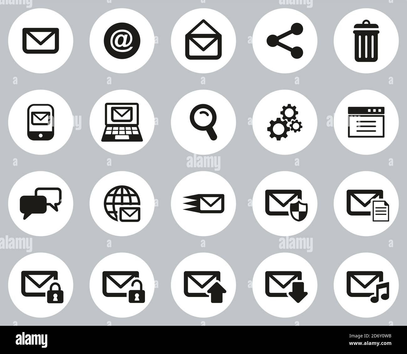 Email Icons Black & White Flat Design Circle Set big Stock Vector