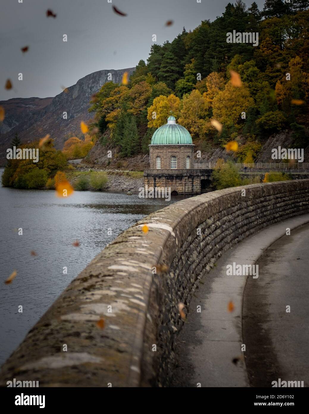 The Elan Valley Reservoirs are a chain of man-made lakes created from damming the Elan and Claerwen rivers within the Elan Valley in Mid Wales. Stock Photo