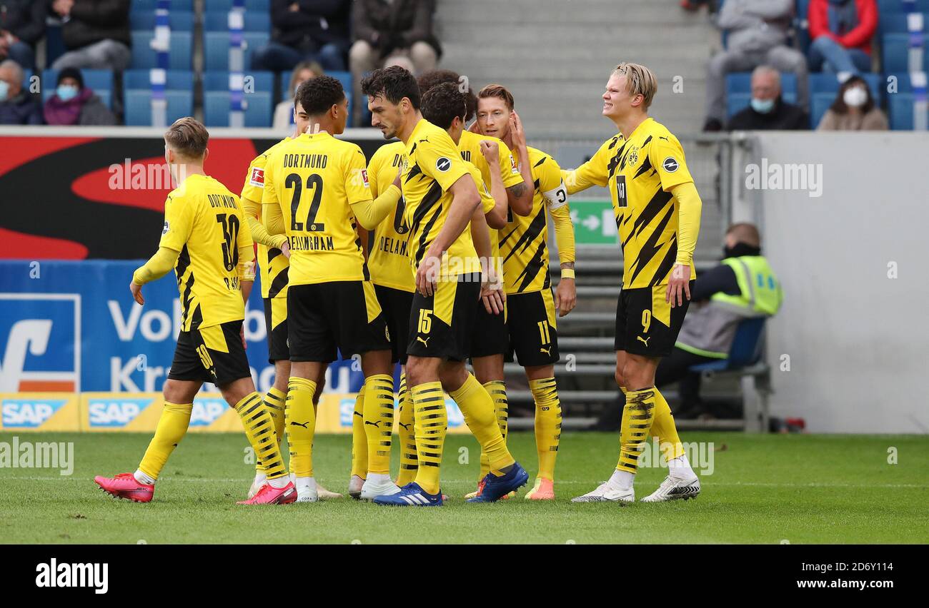 arco Reus of Borussia Dortmund celebrates after his goal with teammates during the German championship Bundesliga football match between TSG Hoffenhe Stock Photo