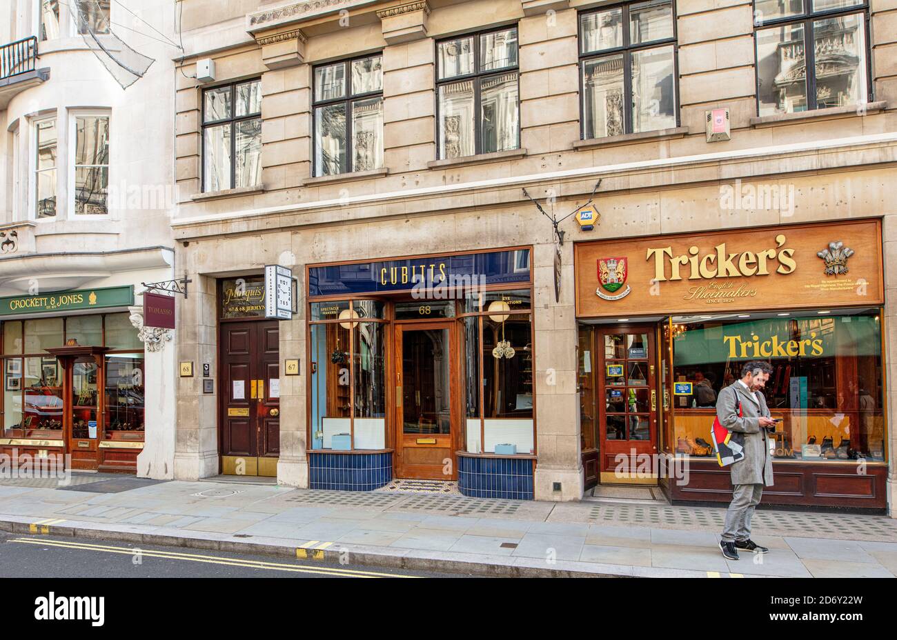 Shops along Jermyn St, London; a celebrated street specialising in tailoring, shirts and shoes for gentlemen and upmarket restaurants. Stock Photo