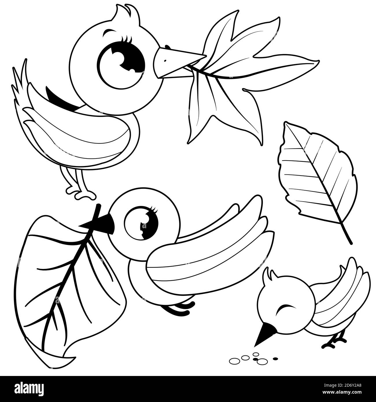 Cute birds holding dry Autumn leaves. Black and white coloring page Stock Photo
