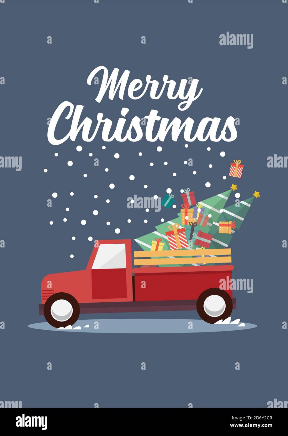 Red truck with a Christmas tree. Merry Christmas postcard. Vector illustration Stock Vector