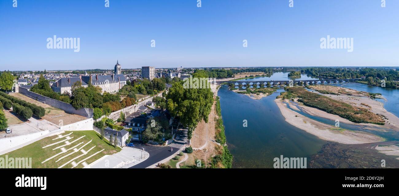 France, Loiret, Loire Valley listed as World Heritage by UNESCO, Beaugency, town with abbey and castle and the Loire River (aerial view) // France, Lo Stock Photo