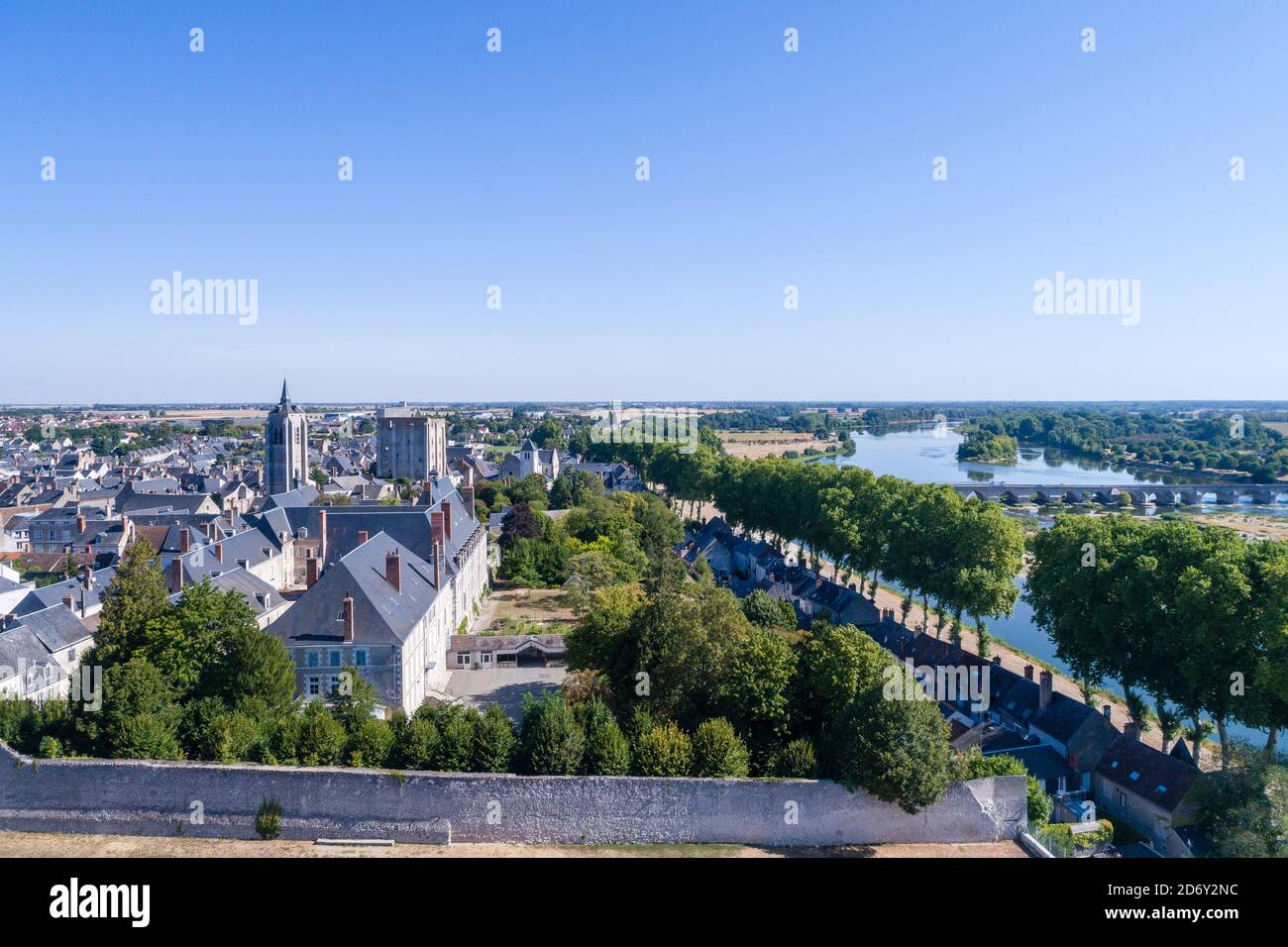 France, Loiret, Loire Valley listed as World Heritage by UNESCO, Beaugency, town with abbey and castle and the Loire River (aerial view) // France, Lo Stock Photo