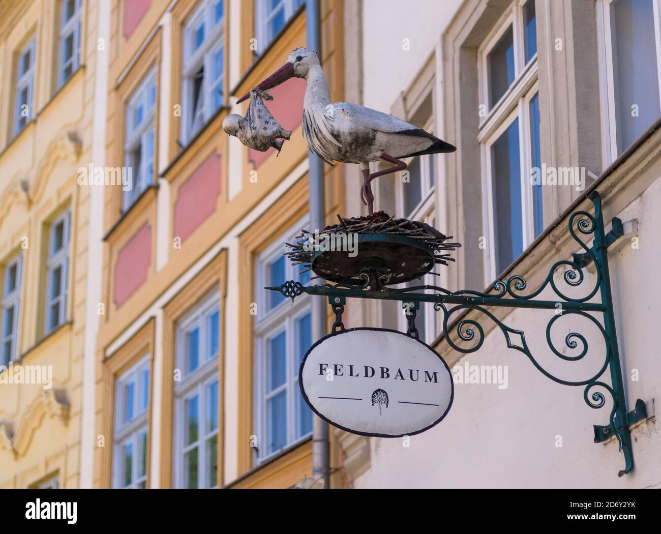 Sign of a shop at Obstmarkt in the Old Town.   Bamberg in Franconia, a part of Bavaria. The Old Town is listed as UNESCO World Heritage 'Altstadt von Stock Photo