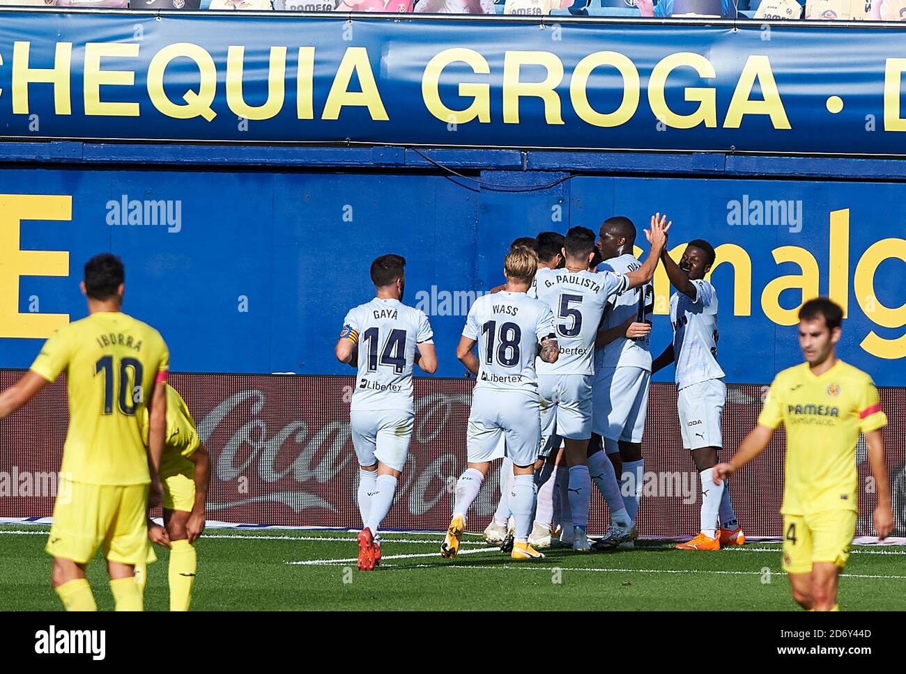 oncalo Guedes of Valencia CF celebrates his goal with teammates during