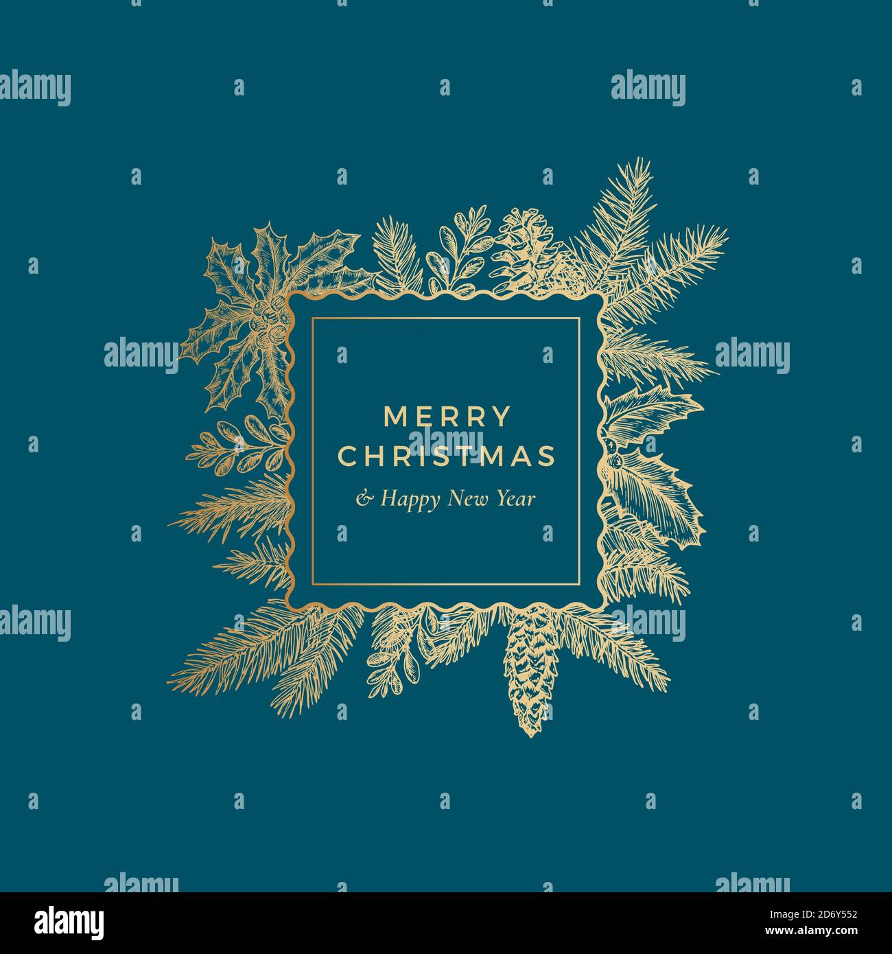 Merry Christmas Abstract Botanical Card with Square Frame Banner and Modern Typography. Premium Blue Background and Golden Greeting Sketch Layout Stock Vector