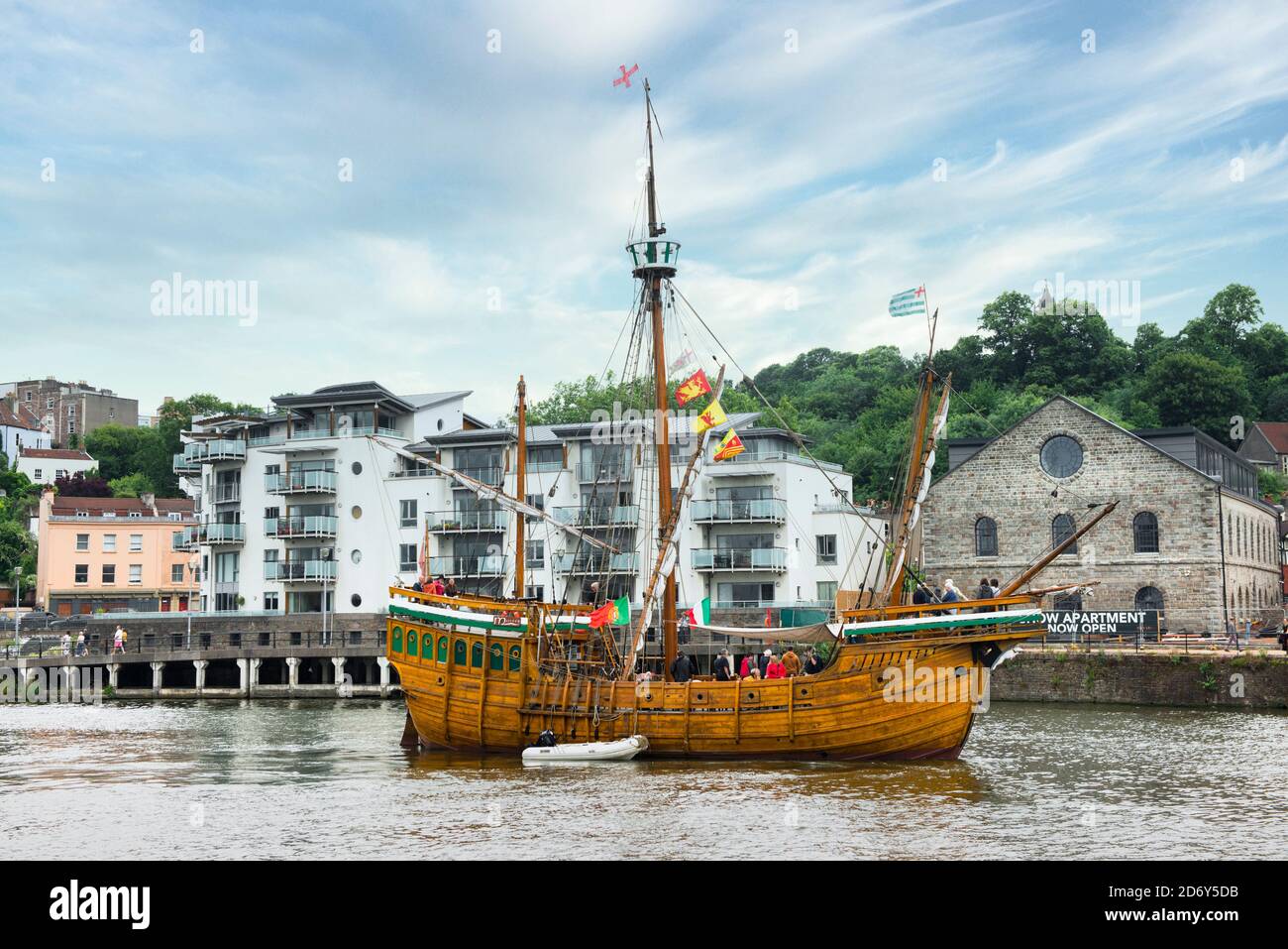 The Matthew of Bristol, caravel replica of John Cabot sailing ship. Modern reconstruction sailing on the River Avon, carrying a boatload of tourists. Stock Photo
