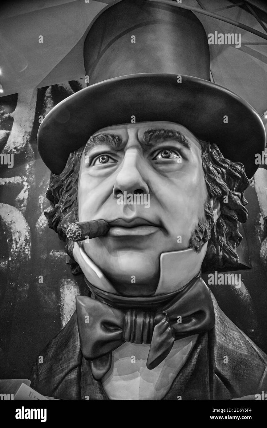 Isambard Kingdom Brunel giant fiberglass bust inside the Being Brunel exhibit, part of the Brunel's SS Great Britain Museum in Bristol, England. Stock Photo
