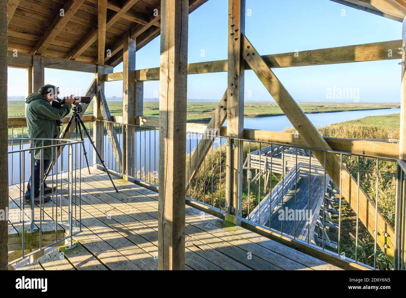 France, Loire Atlantique, Loire estuary, Lavau sur Loire, Tadashi Kawamata bridge and birds observatory near the Taillee canal // France, Loire-Atlant Stock Photo