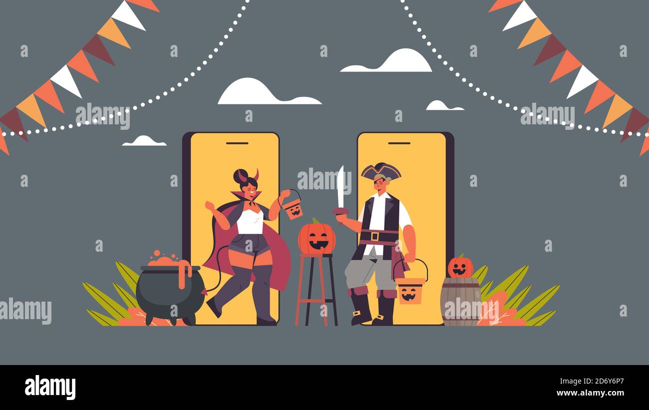 couple in devil and pirate costumes on smartphone screens happy halloween party coronavirus quarantine online communication concept horizontal full length vector illustration Stock Vector