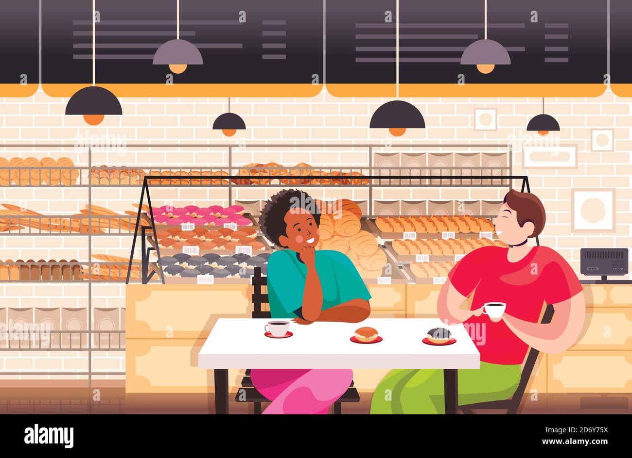 mix race people drinking coffe in bakery couple discussing during breakfast restaurant interior portrait horizontal vector illustration Stock Vector