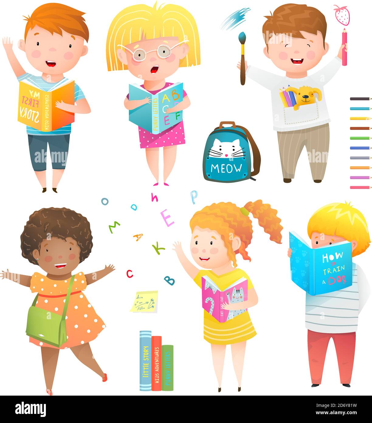 Studying, drawing, reading children activities clipart collection. Kids playing at school or kindergarten characters set. Stock Vector