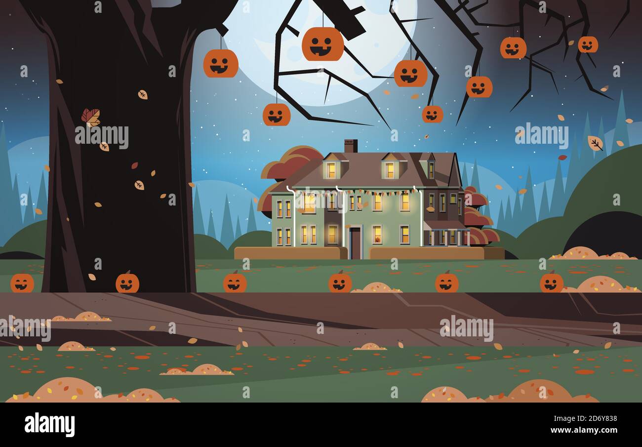 house decorated for halloween holiday celebration home building front view with pumpkins night landscape background horizontal vector illustration Stock Vector