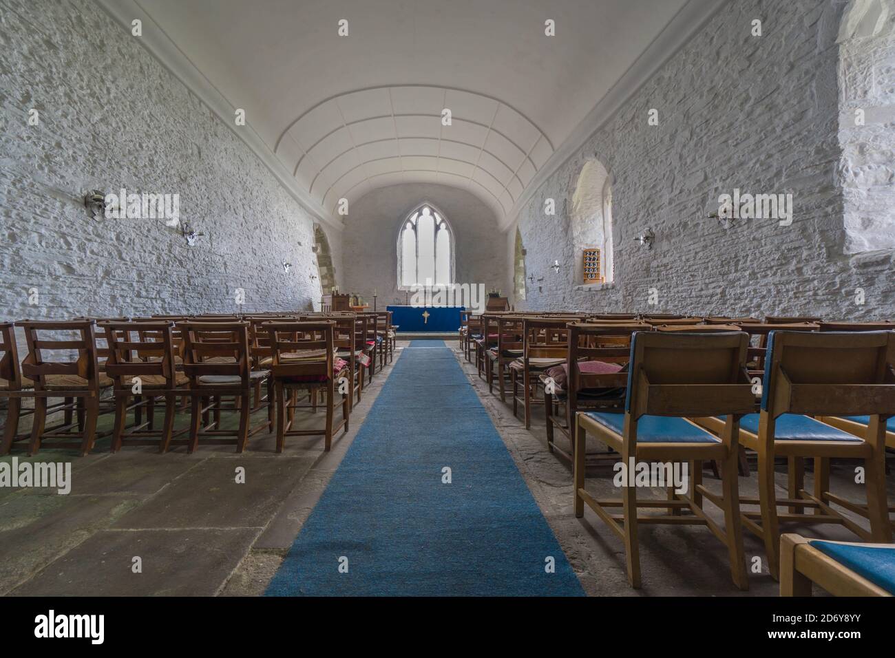 East window, alter and Nave of St Mary church Pilleth, Powys Wales UK. September 2020 Stock Photo