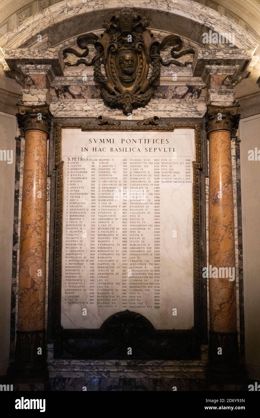 A list of all the Popes in St Peter's Basilica in the Vatican in Rome. From  a series of travel photos in Italy. Photo date: Wednesday, September 23, 2  Stock Photo - Alamy