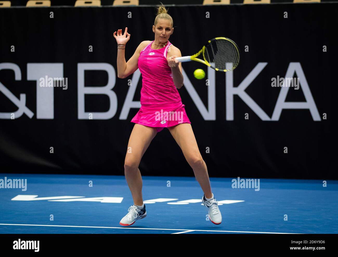 ristyna Pliskova of the Czech Republic in action against Maria Sakkari of Greece during the first round of the 2020 J&T Banka Ostrava Open WTA Premie Stock Photo