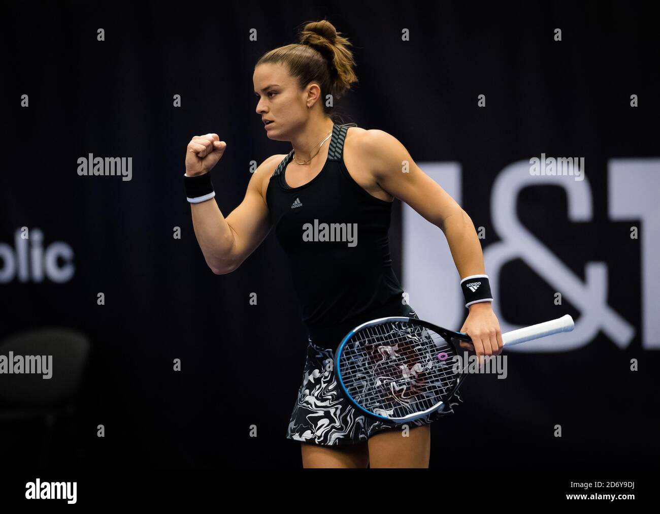 aria Sakkari of Greece in action against Kristyna Pliskova of the Czech Republic during the first round of the 2020 J&T Banka Ostrava Open WTA Premie Stock Photo