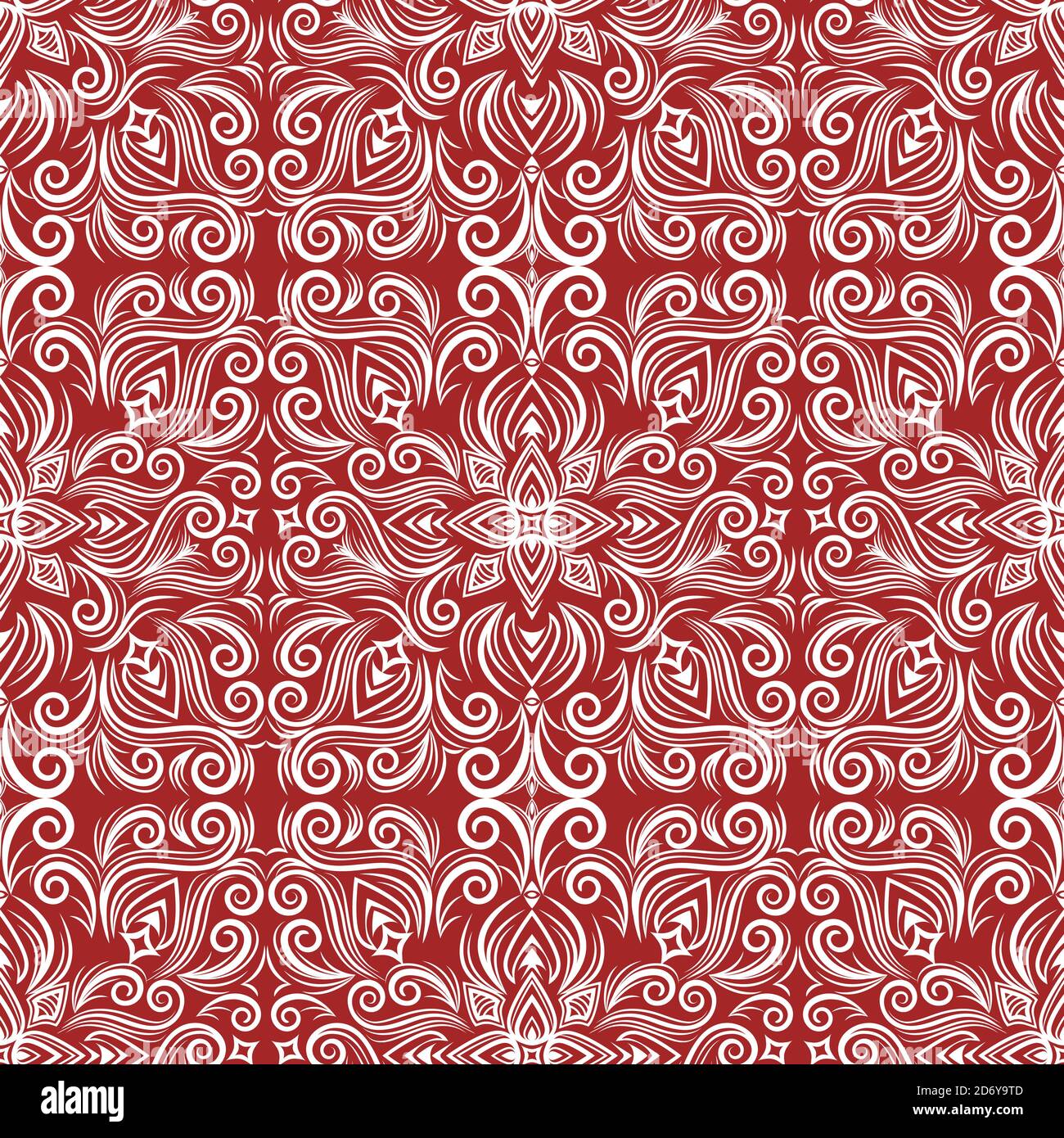 Vector abstract ornament, curve swirls seamless pattern with flowers and curls, line ethnic drawing. Vintage white traceries on red background, for Stock Vector
